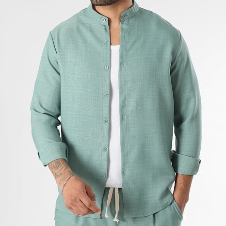 LBO - Conjunto Camisa de manga larga cuello oficial y Pantalón efecto lino 2466 Verde Salvia