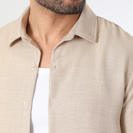 LBO - Conjunto Camisa Manga Larga Cuello Clásico Y Pantalón Flare Efecto Lino 2470 Beige