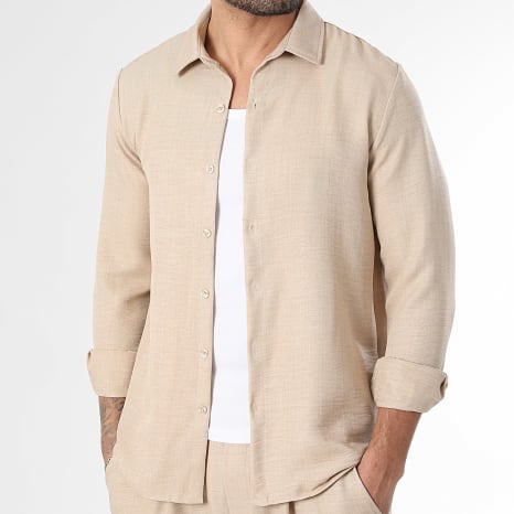 LBO - Conjunto Camisa Manga Larga Cuello Clásico Y Pantalón Flare Efecto Lino 2470 Beige