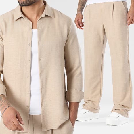 LBO - Conjunto Camisa Manga Larga Cuello Clásico Y Pantalón Flare Efecto Lino 2470 Beige