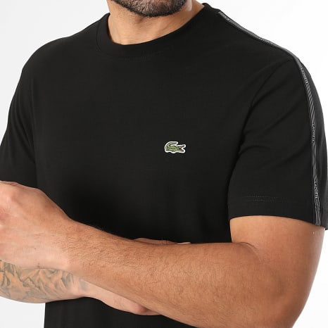 Lacoste - Tee Shirt A Bandes Regular Fit Logo Brodé Crocodile Noir