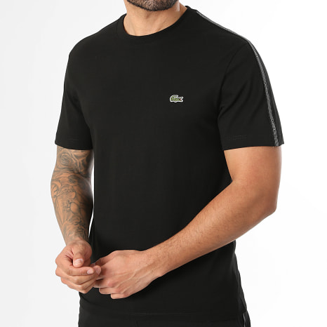Lacoste - Tee Shirt A Bandes Regular Fit Logo Brodé Crocodile Noir