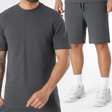 LBO - Ensemble Tee Shirt Et Short Jogging Waffle 4152 Gris Anthracite