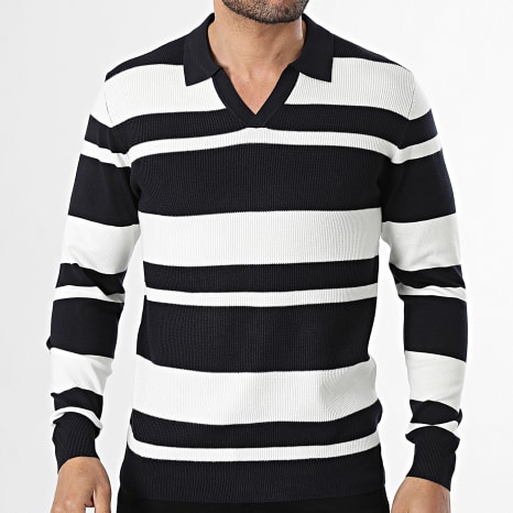 Frilivin - Jersey cuello en V 657 Azul Marino Blanco