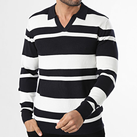 Frilivin - Jersey cuello en V 657 Azul Marino Blanco