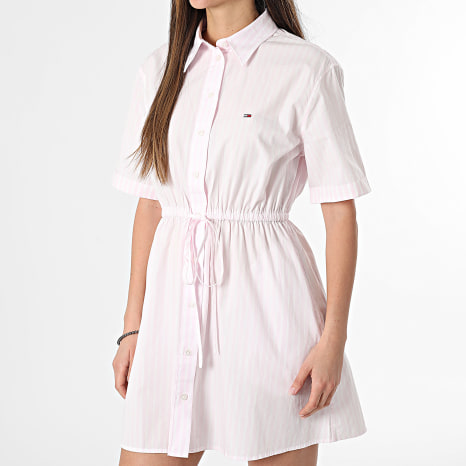 Tommy Jeans - Vestido camisero de manga corta a rayas Mujer Mini Strip 0617 Rosa Blanco