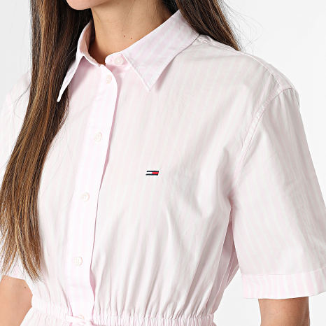 Tommy Jeans - Vestido camisero de manga corta a rayas Mujer Mini Strip 0617 Rosa Blanco