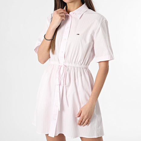 Tommy Jeans - Vestido camisero de manga corta a rayas Mujer Mini Strip 0617 Rosa Blanco