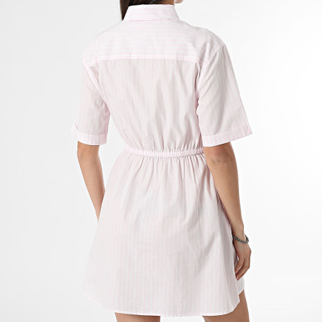 Tommy Jeans - Vestido camisero de manga corta a rayas Mujer Mini Strip 0617 Rosa Blanco