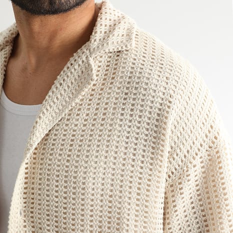 LBO - Ensemble Chemise Manches Courtes Et Short Maille Crochet 2589 Beige