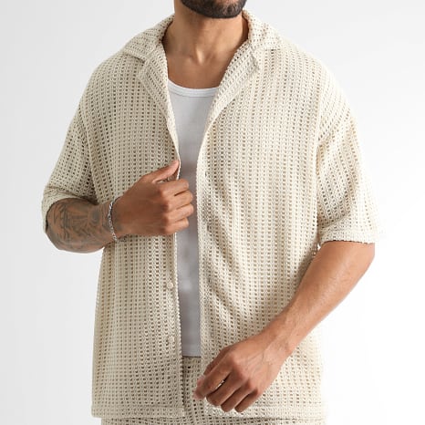 LBO - Ensemble Chemise Manches Courtes Et Short Maille Crochet 2589 Beige