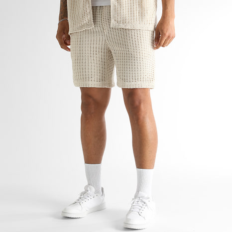LBO - Ensemble Chemise Manches Courtes Et Short Maille Crochet 2589 Beige