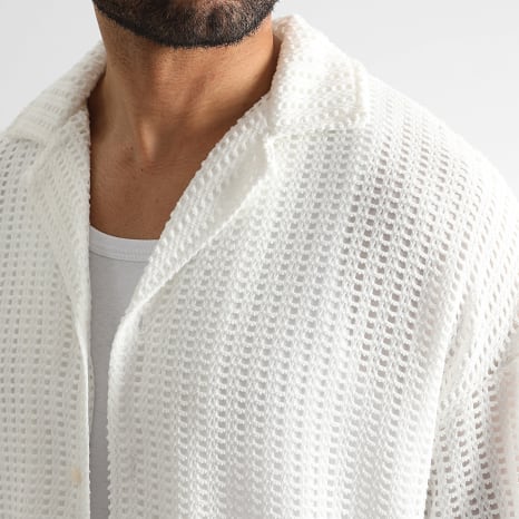 LBO - Ensemble Chemise Manches Courtes Et Short Maille Crochet 2590 Blanc