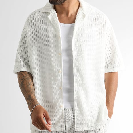 LBO - Ensemble Chemise Manches Courtes Et Short Maille Crochet 2590 Blanc