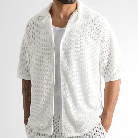 LBO - Ensemble Chemise Manches Courtes Et Short Maille Crochet 2590 Blanc