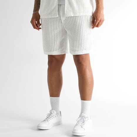 LBO - Ensemble Chemise Manches Courtes Et Short Maille Crochet 2590 Blanc
