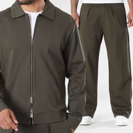 LBO - Ensemble Veste Double Zip Et Pantalon Habillé Large A Plis 2604 Vert Kaki