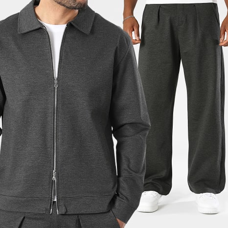 LBO - Ensemble Veste Double Zip Et Pantalon Habillé Large A Plis 2605 Gris Anthracite Chiné