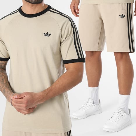 Adidas Originals - Conjunto Camiseta Y Pantalón Corto De Chándal 3 Stripes KE7964 KE6681 Beige Negro