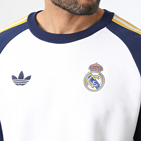 Adidas Originals - Sudadera Crewneck A Bandas Real Madrid JZ9153 Blanco Azul Marino Amarillo