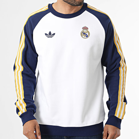 Adidas Originals - Sudadera Crewneck A Bandas Real Madrid JZ9153 Blanco Azul Marino Amarillo