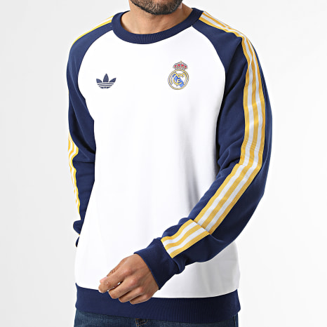 Adidas Originals - Sudadera Crewneck A Bandas Real Madrid JZ9153 Blanco Azul Marino Amarillo