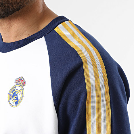 Adidas Originals - Sudadera Crewneck A Bandas Real Madrid JZ9153 Blanco Azul Marino Amarillo