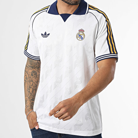 Adidas Originals - Maillot De Foot A Bandes Real Madrid KC7803 Blanc Bleu Marine Jaune