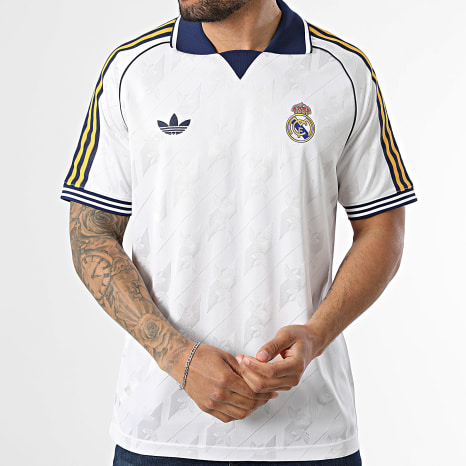 Adidas Originals - Maillot De Foot A Bandes Real Madrid KC7803 Blanc Bleu Marine Jaune