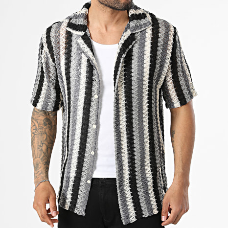Frilivin - Camisa Manga Curta Crochê Listrada 284 Bege Cinza Preto