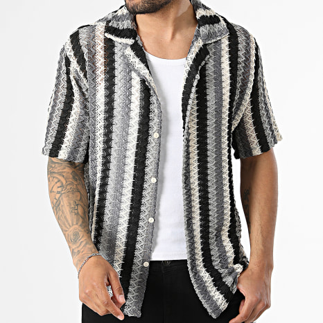 Frilivin - Camisa Manga Curta Crochê Listrada 284 Bege Cinza Preto
