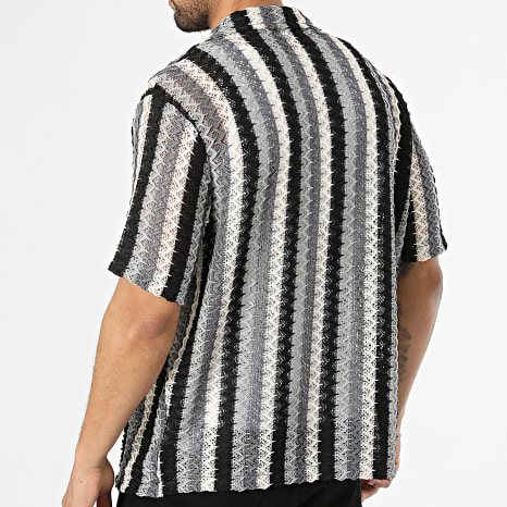 Frilivin - Camisa Manga Curta Crochê Listrada 284 Bege Cinza Preto