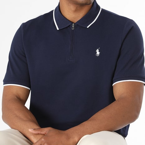 Polo Ralph Lauren - Polo Manches Courtes Col Zippé Classic Fit Original Player Bleu Marine Blanc
