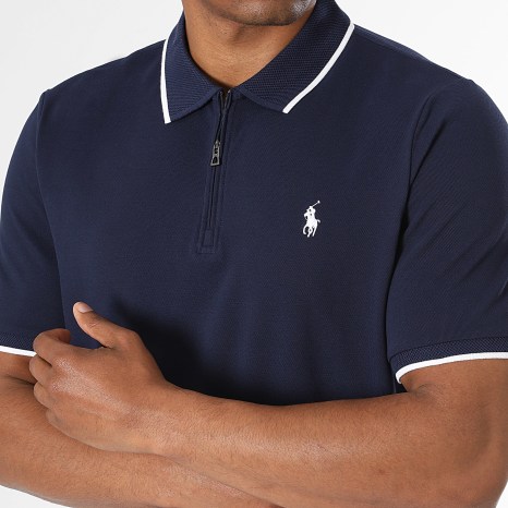 Polo Ralph Lauren - Polo Manches Courtes Col Zippé Classic Fit Original Player Bleu Marine Blanc