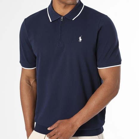 Polo Ralph Lauren - Polo Manches Courtes Col Zippé Classic Fit Original Player Bleu Marine Blanc