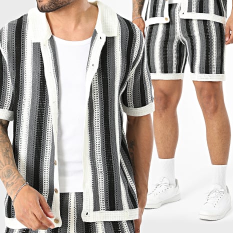 Frilivin - Ensemble Chemise Manches Courtes Et Short Ajouré 914 Blanc Gris Anthracite Noir