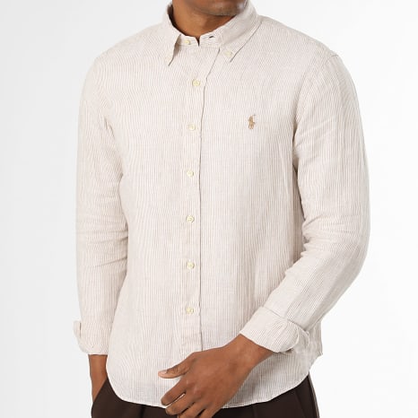 Polo Ralph Lauren - Chemise Manches Longues A Rayures En Lin Custom Fit Original Player Beige Blanc