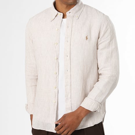 Polo Ralph Lauren - Chemise Manches Longues A Rayures En Lin Custom Fit Original Player Beige Blanc
