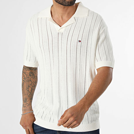 Tommy Hilfiger - Polo Manches Courtes En Mailles Pointelle Structure Resort 3247 Beige Clair