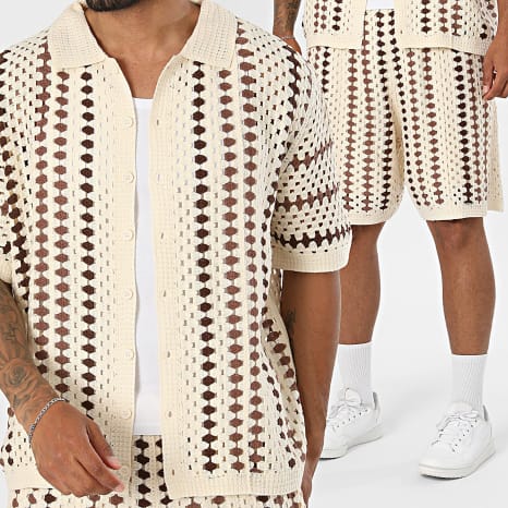 Frilivin - Ensemble Chemise Manches Courtes Et Short Crochet 194 Beige Clair