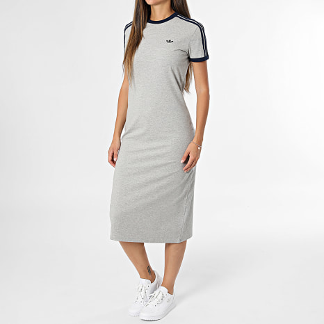 Adidas Originals - Vestido Camiseta Largo A Rayas Mujer 3 Stripes KS4764 Gris Jaspeado Azul Marino