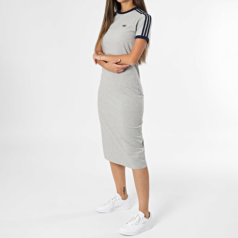 Adidas Originals - Vestido Camiseta Largo A Rayas Mujer 3 Stripes KS4764 Gris Jaspeado Azul Marino