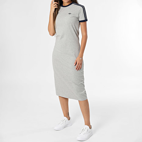 Adidas Originals - Vestido Camiseta Largo A Rayas Mujer 3 Stripes KS4764 Gris Jaspeado Azul Marino