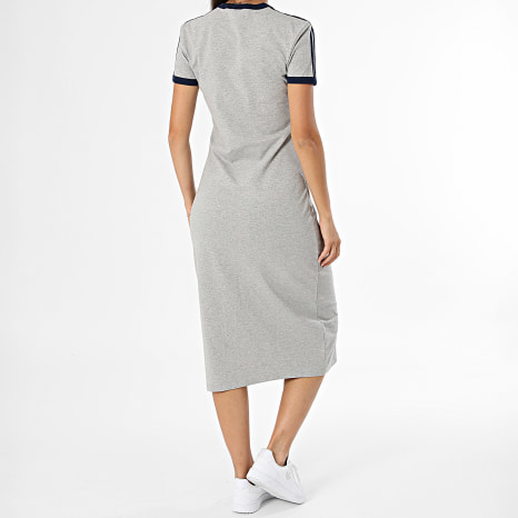 Adidas Originals - Vestido Camiseta Largo A Rayas Mujer 3 Stripes KS4764 Gris Jaspeado Azul Marino
