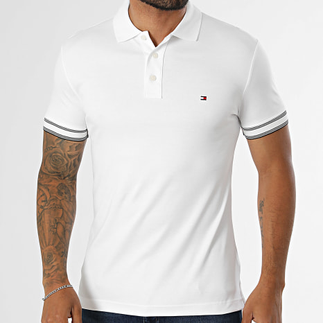 Tommy Hilfiger - Polo Manches Courtes Slim Liquid Flag Cuff 3270 Blanc