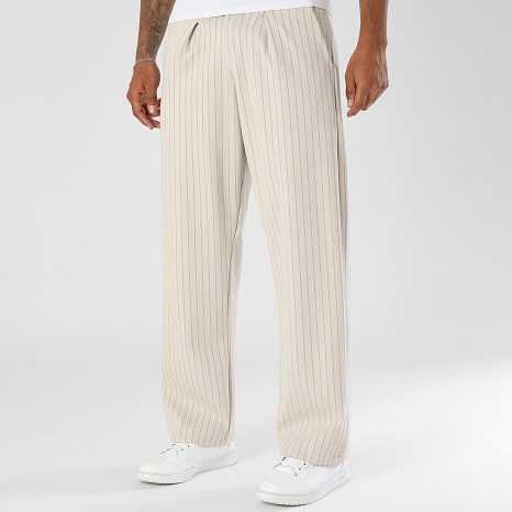 LBO - Pantalon Habillé Large A Plis Rayures 2811 Beige Clair
