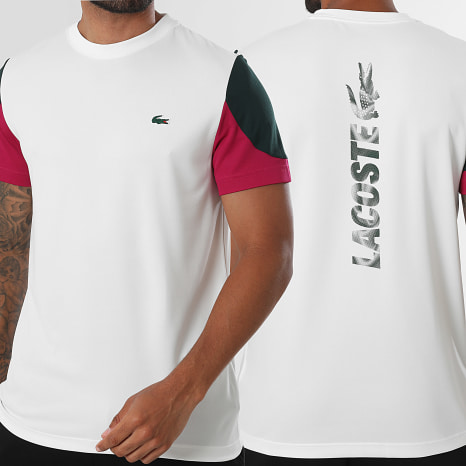 Lacoste - Tee Shirt Regular Fit Logo Crocodile Blanc Vert Foncé Fuchsia