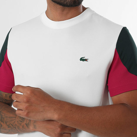 Lacoste - Tee Shirt Regular Fit Logo Crocodile Blanc Vert Foncé Fuchsia