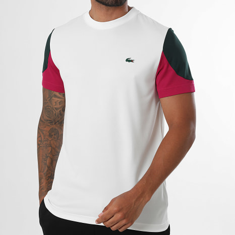 Lacoste - Tee Shirt Regular Fit Logo Crocodile Blanc Vert Foncé Fuchsia