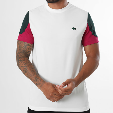 Lacoste - Tee Shirt Regular Fit Logo Crocodile Blanc Vert Foncé Fuchsia